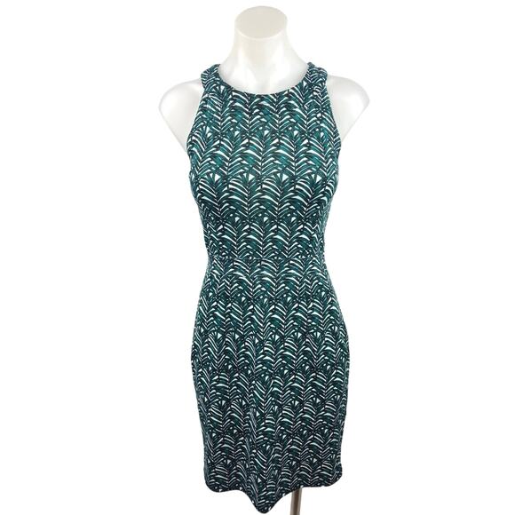H&M Green Palm Leaf Print Sleeveless Crewneck Mini Career Office Sheath Dress S - Picture 1 of 5